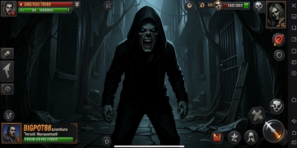 Tampilan gameplay BIGPOT88 yang menegangkan dengan suasana gelap dan makhluk menakutkan.