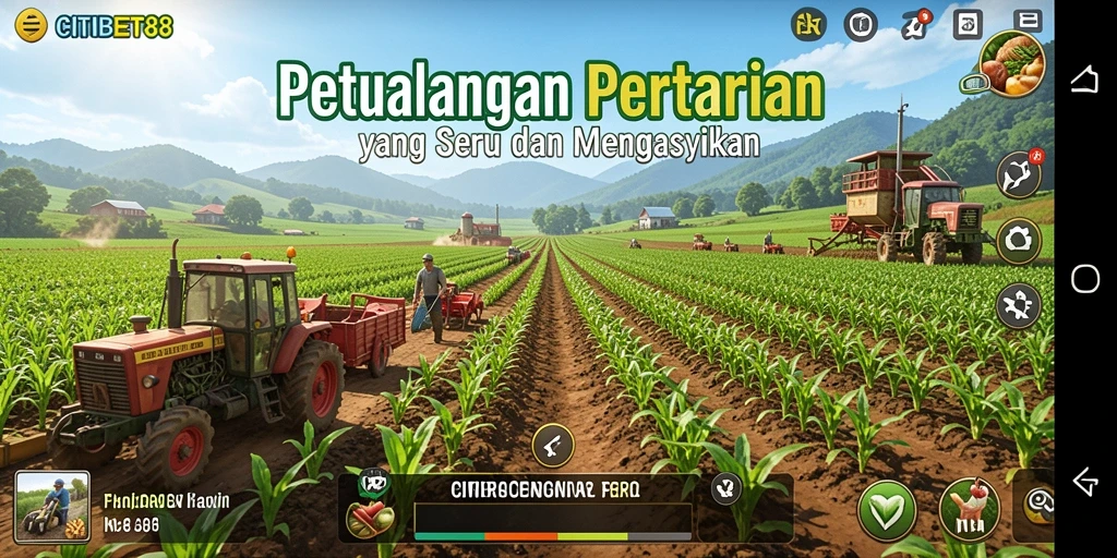 Tampilan gameplay CITIBET88 dengan ladang yang subur dan hewan ternak.