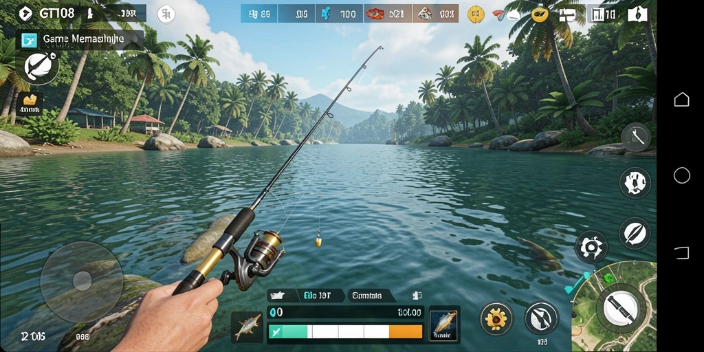 Tampilan gameplay utama GT108 dengan aktivitas memancing yang seru.