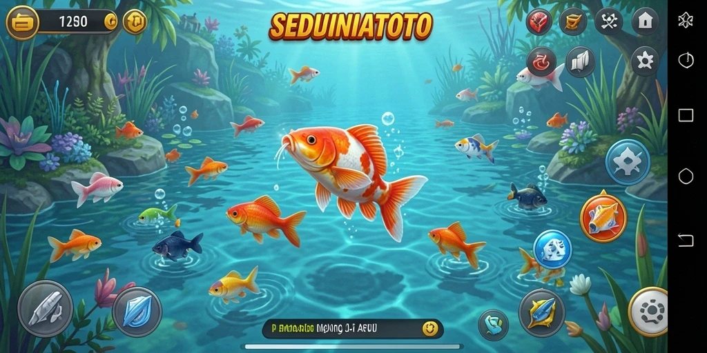 Tampilan gameplay SEDUNIATOTO yang menarik dengan berbagai ikan yang bisa ditangkap.