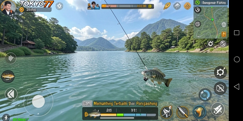 Screenshot gameplay TOKYO77 yang menunjukkan aktivitas memancing yang seru.