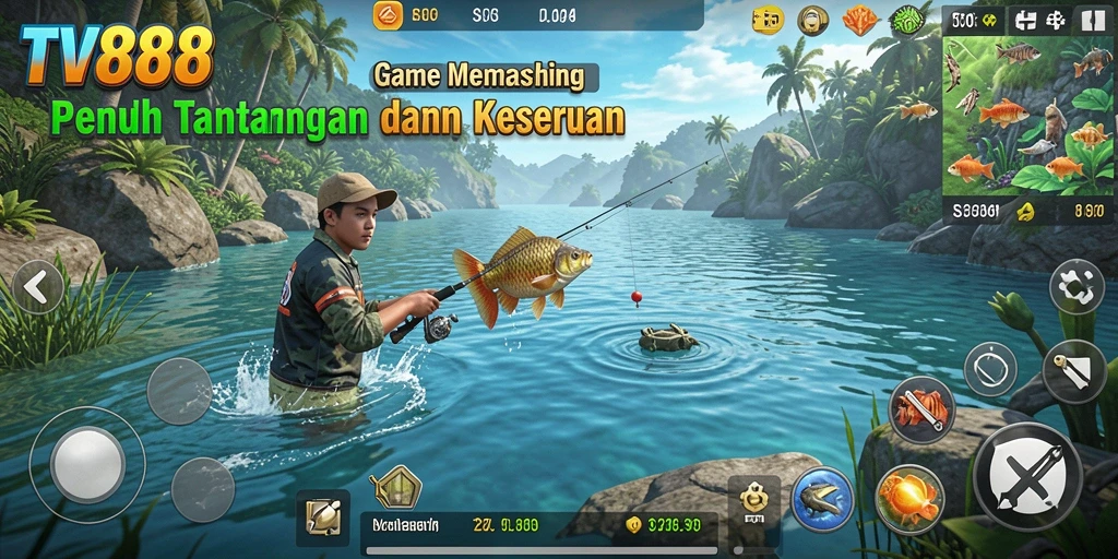 Screenshot utama TV888 menampilkan gameplay seru saat memancing.